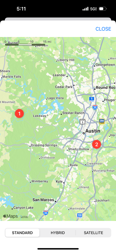 Map Tools - Aplicativo Map Tools exibindo um mapa padrão de Austin Texas com dois marcadores de waypoints vermelhos numerados.
