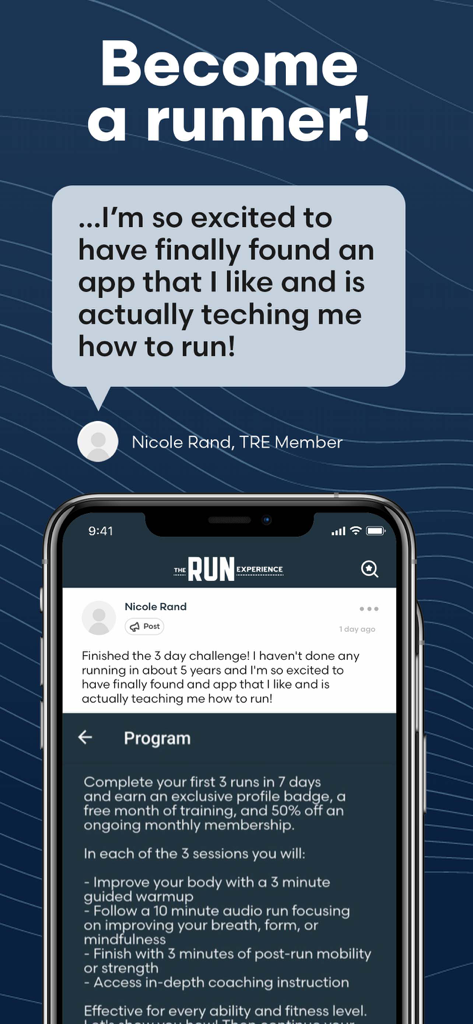 Interfaccia dell'app The Run Experience che mostra una testimonianza di un membro e i dettagli di una sfida di programma di corsa per principianti