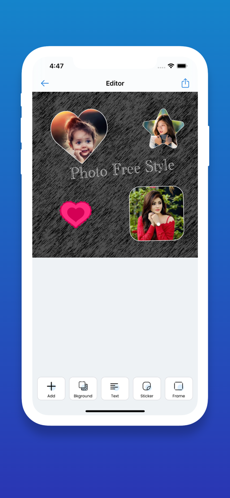 PhotoGrid - Layout - PhotoGrid app interface showing a freestyle photo collage editor with heart and star shaped frames