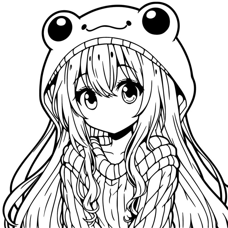 girl with frog hat and a sweater anime long hair