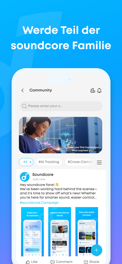 soundcore - Captura de pantalla del feed de la comunidad de la aplicación Soundcore mostrando publicaciones sociales y nuevas características de productos.
