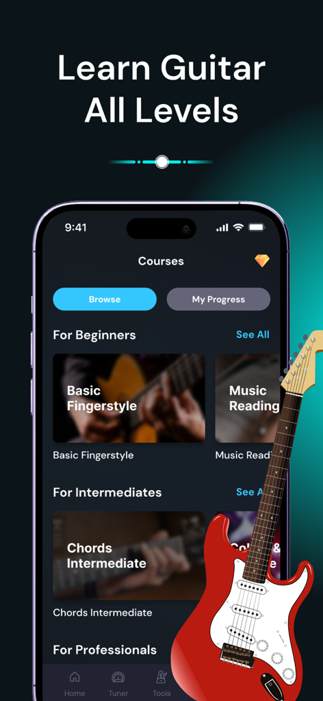 Interfaz de la aplicación IGuitar que muestra cursos de guitarra para principiantes, intermedios y profesionales