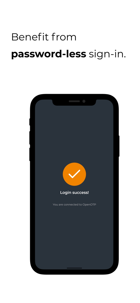 A smartphone displaying a successful login screen with a checkmark icon and the text Benefit from password-less sign-in.