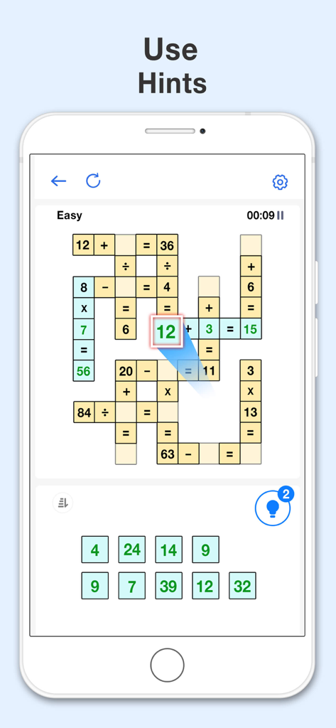 Gameplay of Math Cross showing how to use hints to complete mathematical crossword equations.