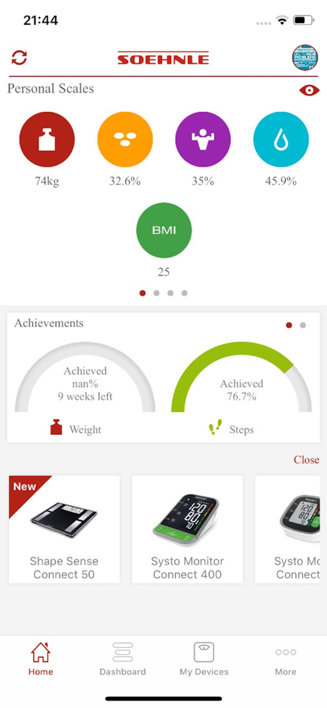 Soehnle Connect app interface displaying health metrics like weight and BMI alongside goal progress.