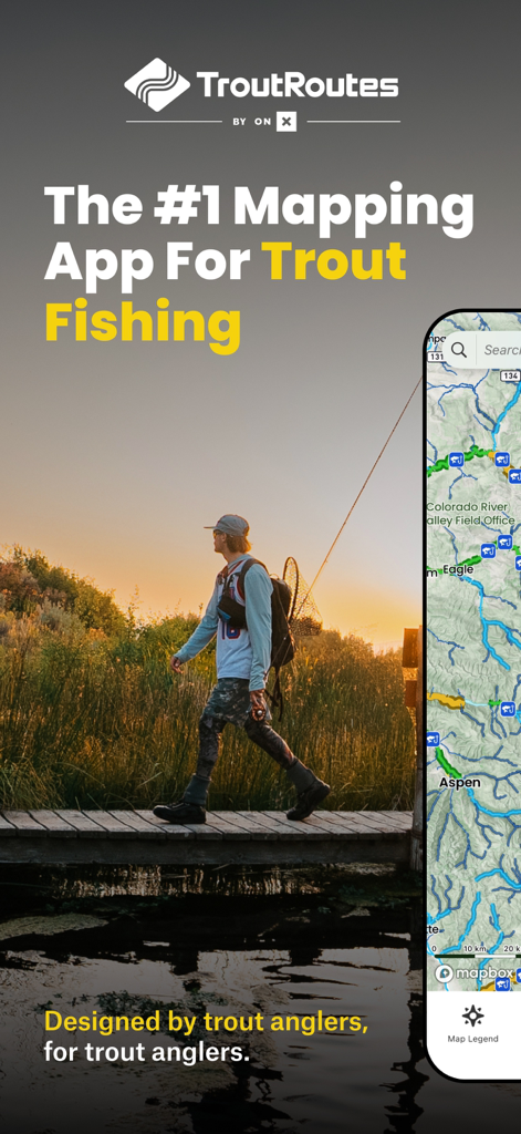 TroutRoutes: Fly Fishing App - A fly fisherman walking across a bridge at sunset next to a smartphone displaying the TroutRoutes fishing map app