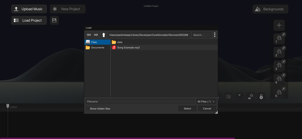 Pyro Simulator for iPhone - Pyro Simulator music import interface for creating custom fireworks shows