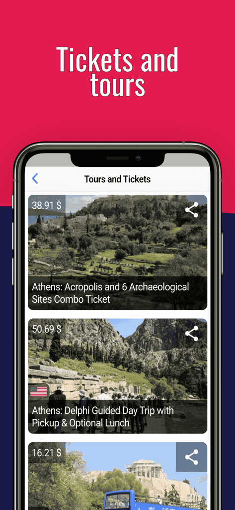 ATHENS Guide Tickets & Hotels - 아테네 가이드 앱 인터페이스에서 아크로폴리스 및 델포이 당일 여행 티켓 가격 표시