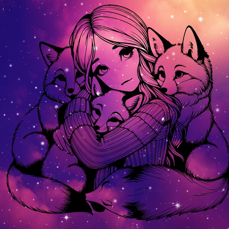 realistic, looking girl hugging, foxes