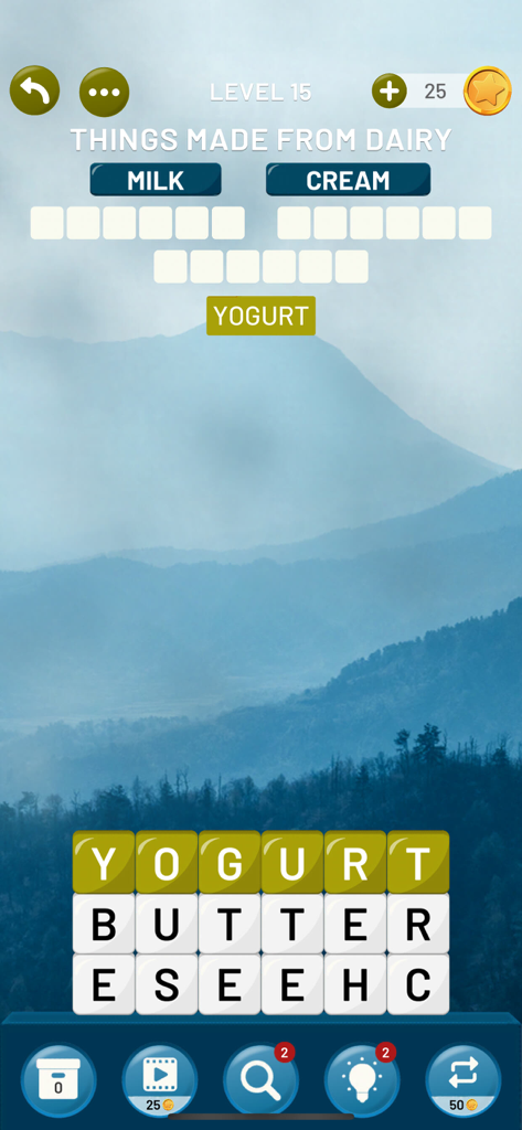 Word Tower: Relaxing Word Game - A screenshot of Word Tower gameplay showing a word search puzzle about dairy products over a serene mountain landscape background.