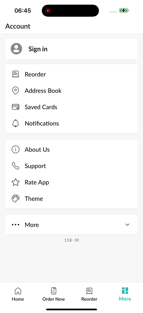 Account settings and user menu screen of the Amanti Pizza mobile app