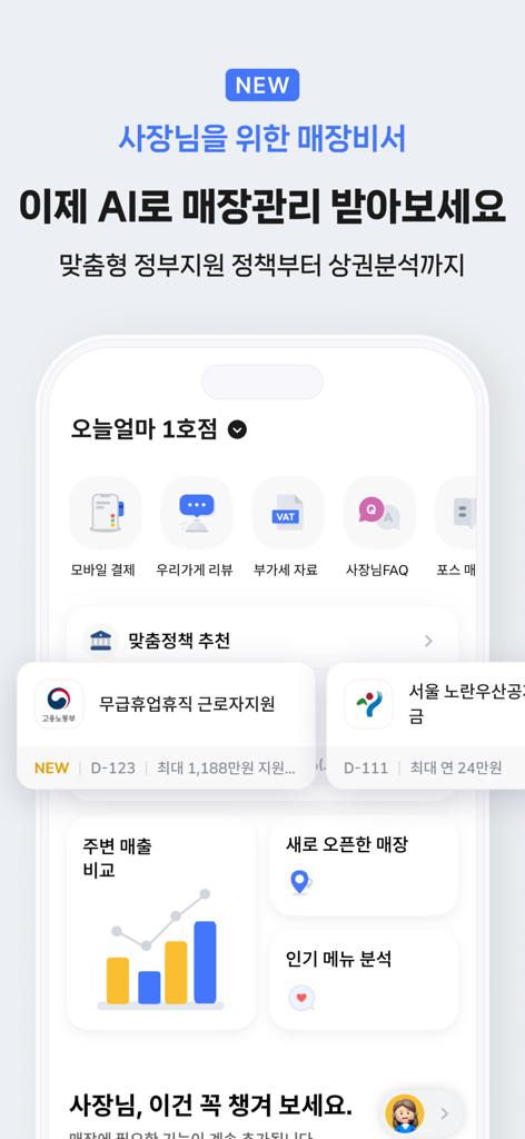 今日売上アプリのモバイルアプリダッシュボード。売上比較チャートやビジネスオーナー向けの政府政策推奨事項を含むAI主導の店舗管理機能を表示。