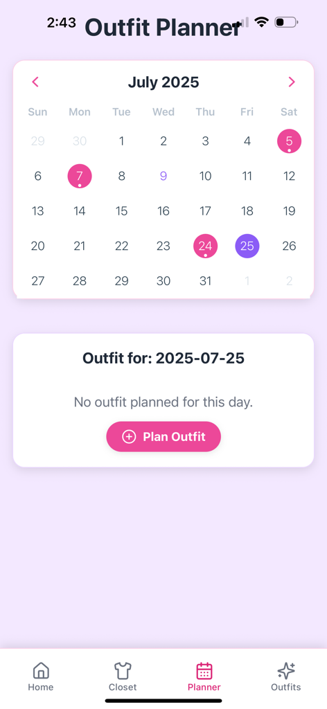 GG Glow Up - GG Glow Up app outfit planner interface featuring a monthly calendar view for scheduling daily looks