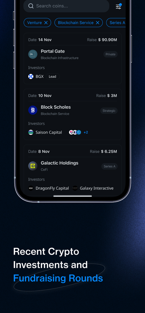 CryptoRank app interface showing recent cryptocurrency fundraising rounds and venture capital investment data