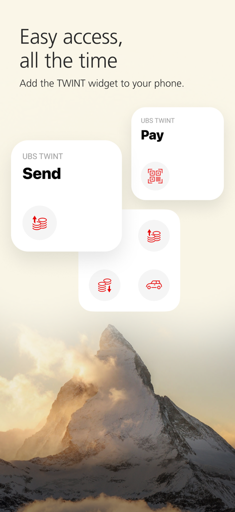 UBS TWINT - UBS TWINT mobile app widgets for quick access to send and pay features