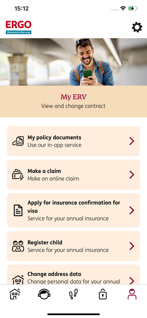 ERGO travel & care - The ERGO travel and care app dashboard displaying menu options for policy documents, insurance claims, and visa confirmation.