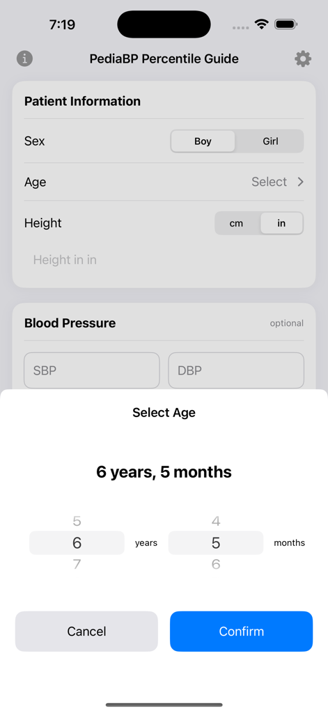 PediaBP by AMF - Age selection interface in PediaBP app showing 6 years and 5 months