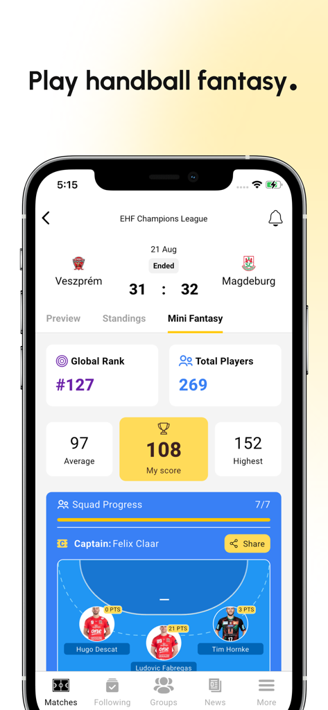 Handball Hub app interface showing fantasy scores, global ranking, and team squad progress for a match