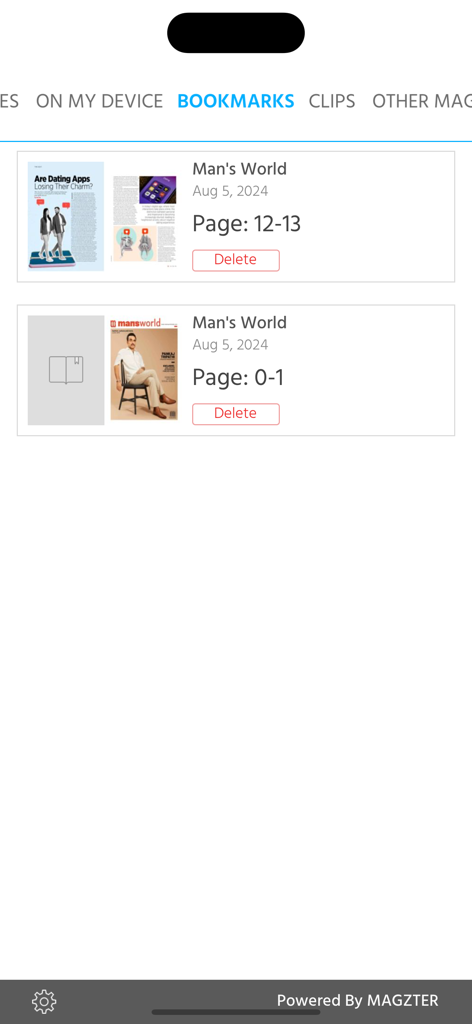 Bookmarks interface of the Man's World magazine app showing saved pages from the August 2024 issue.