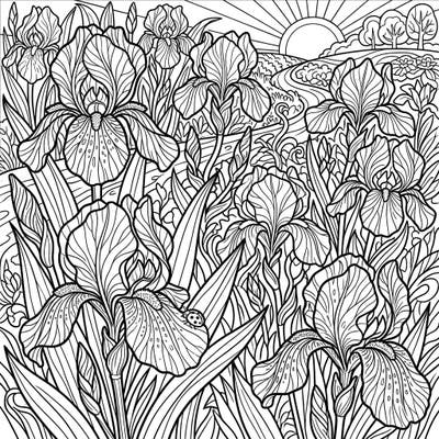 Embrace the beauty of the season with this stunning iris garden coloring page, featuring a vibrant summer landscape. This detailed full-scene illustration invites you to unwind and bring a burst of color to nature's elegance.