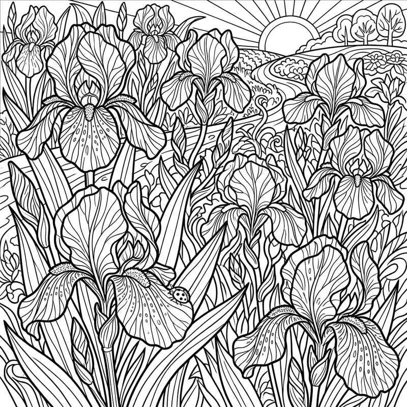 Embrace the beauty of the season with this stunning iris garden coloring page, featuring a vibrant summer landscape. This detailed full-scene illustration invites you to unwind and bring a burst of color to nature's elegance.