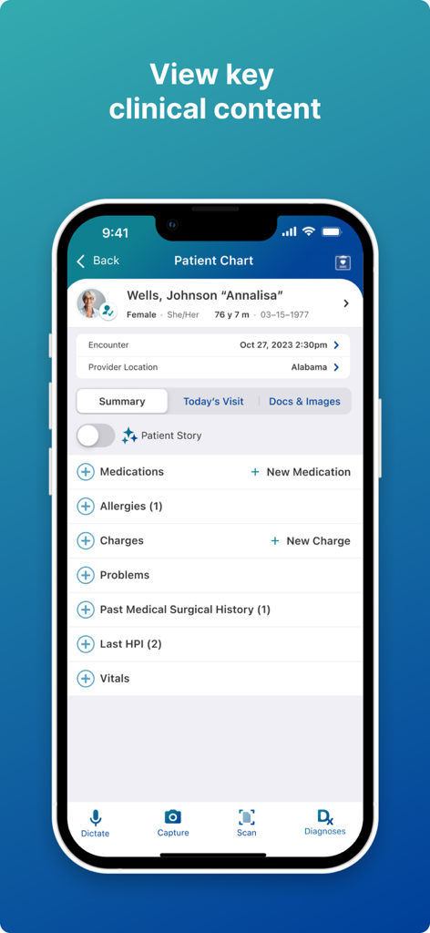 NextGen Mobile Solutions - NextGen Mobile Solutions app interface showing a patient chart with clinical sections like medications allergies and vitals