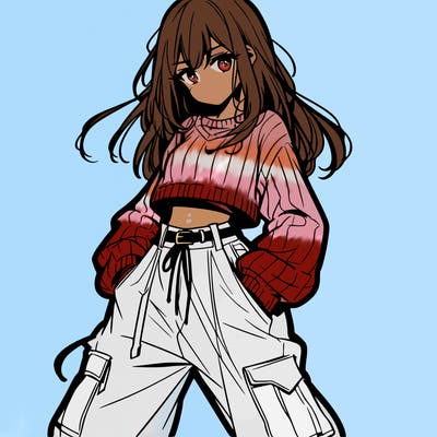 anime teen girl with baggy pants and crop top with sweater
