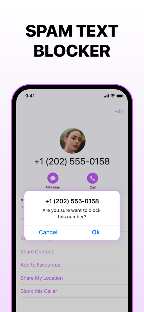 A mobile interface showing a confirmation dialog to block a phone number for spam protection in the Free Text app.