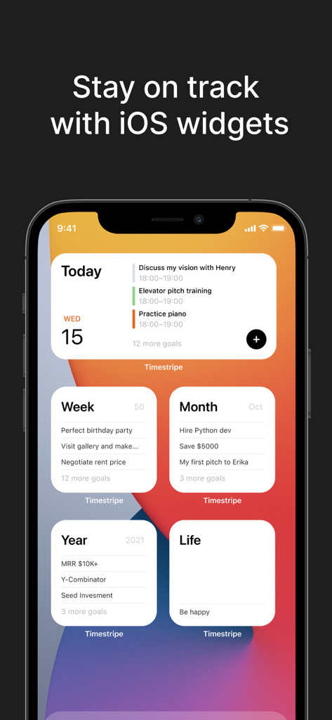Pantalla de inicio de iPhone que muestra widgets de Timestripe para metas diarias, semanales y a largo plazo