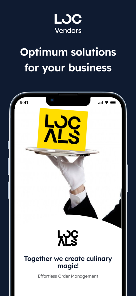 Pantalla de introducción de la app LOCALS Vendor para la gestión de pedidos de negocios culinarios locales