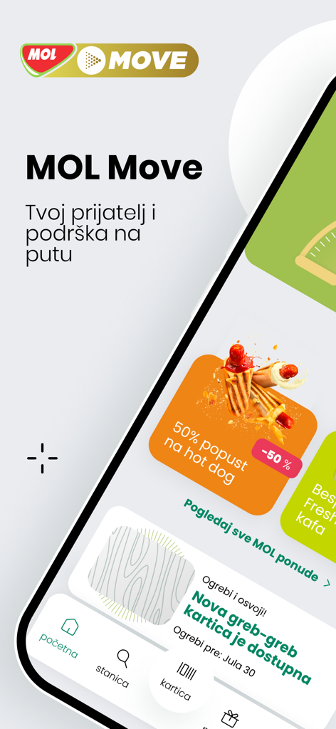 La aplicación móvil MOL Move Serbia mostrando recompensas de fidelización y un descuento del 50% en perritos calientes