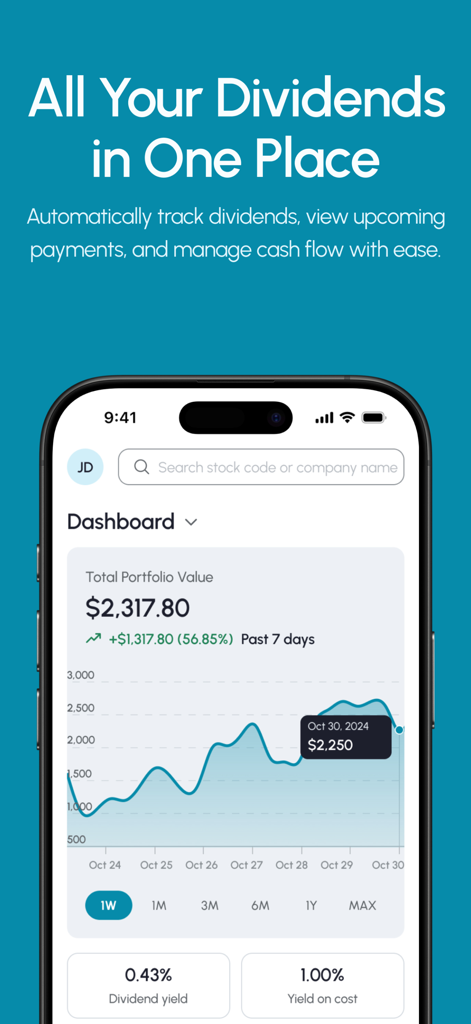 The Dividend Tracker - A mobile app dashboard showing a portfolio value graph and dividend metrics like yield and yield on cost