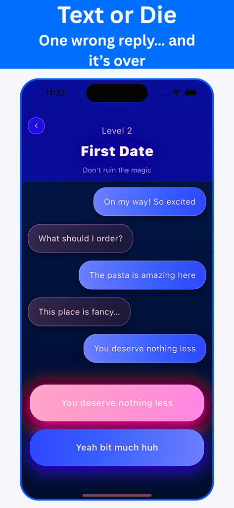 Texting Story Chat Master - Gameplay screenshot of Texting Story Chat Master showing a first date conversation with interactive text choice buttons