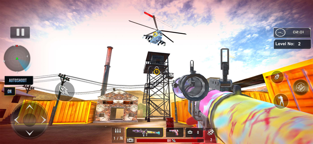 FPS Fire: Battle Royale Games - Escena de jugabilidad en primera persona con un helicóptero y una torre de vigilancia