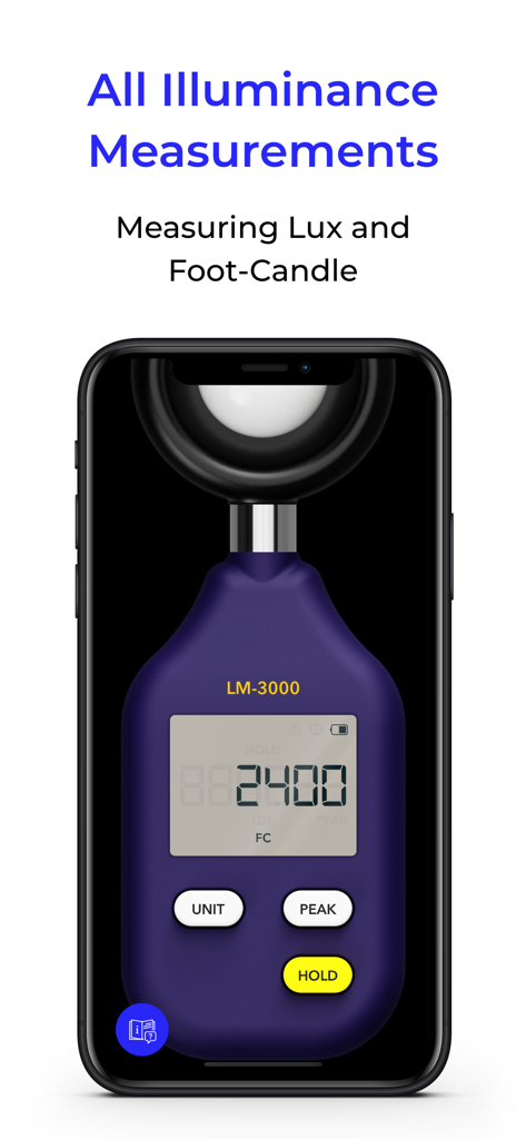 Light Meter LM-3000 - iPhoneのLight Meter LM-3000アプリインターフェースにルクスとフートカンデラの測定値が表示されています