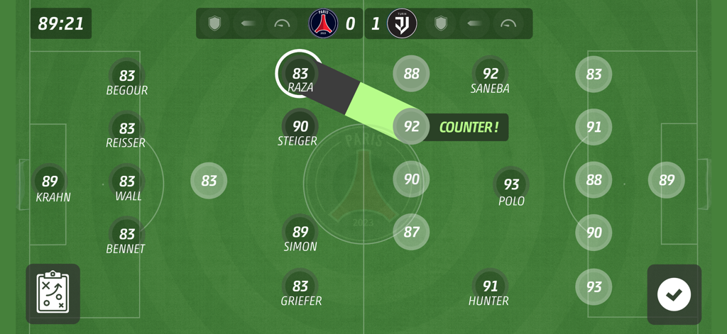 Tactical view of a live soccer match simulation showing player ratings and a counter attack sequence.