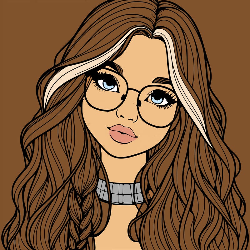 girl with long hair and freckles and glasses realistic