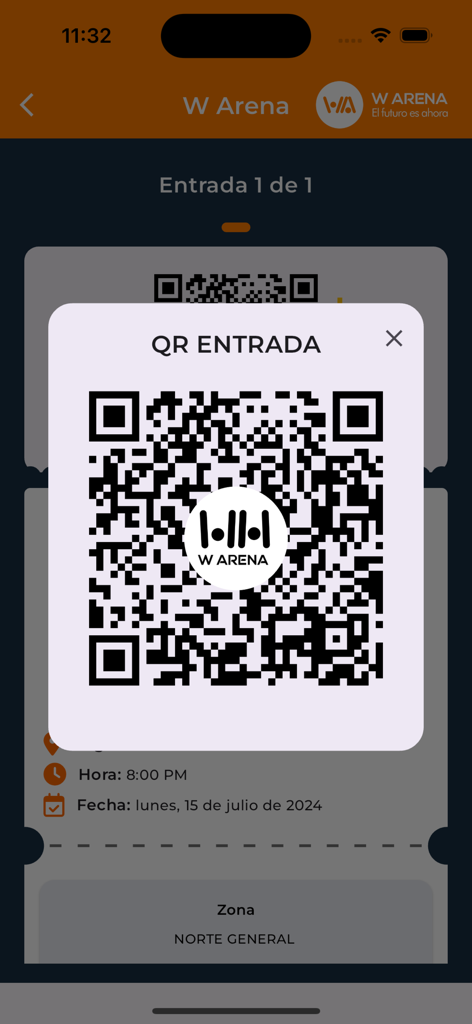 Un codice QR digitale per l'ingresso agli eventi visualizzato all'interno dell'app mobile W Arena.