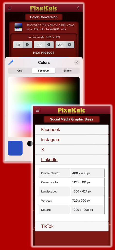 PixelCalc - PixelCalc app interface showing color conversion and social media graphic size guides.