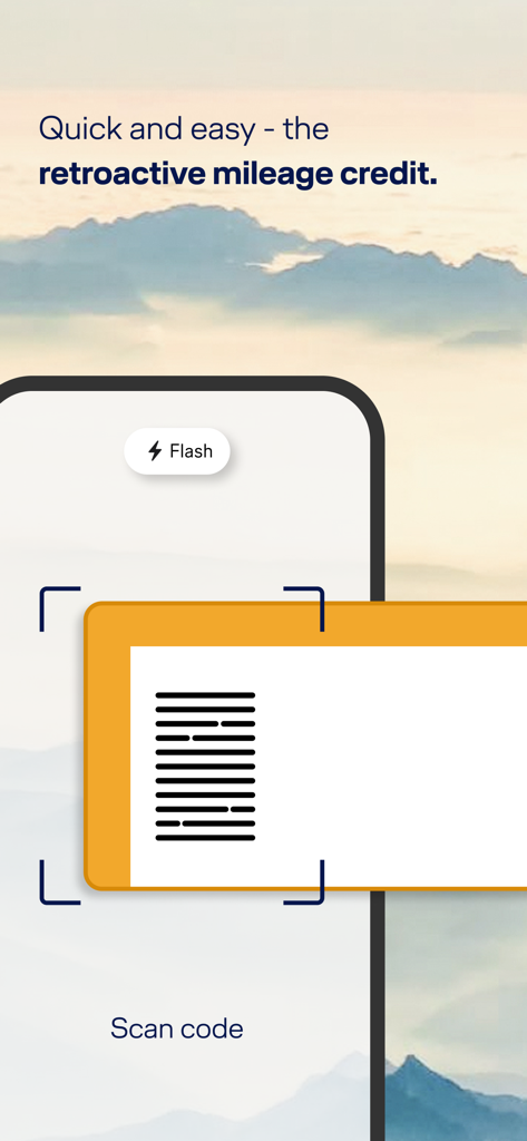 Miles & More - Interfaz de la aplicación Miles and More que muestra la función de código de escaneo para el crédito de millas retroactivo.
