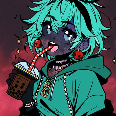 hot baddie anime girl drinking boba and biting the straw