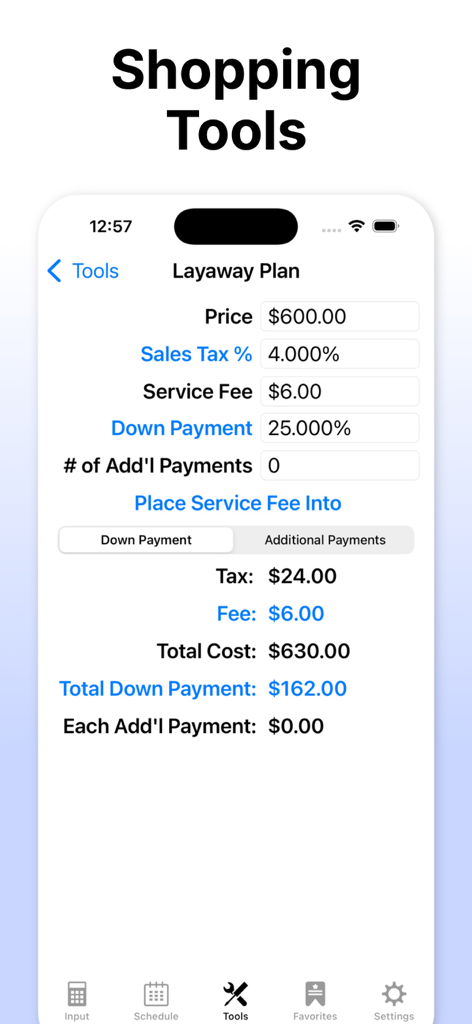 A layaway plan calculator screen within the Loan Calculator app showing price, tax, and fee breakdown.
