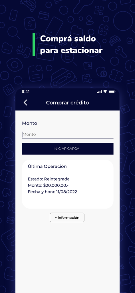 SEM Encarnación - SEM Encarnacion app interface for buying parking credit with recent transaction history