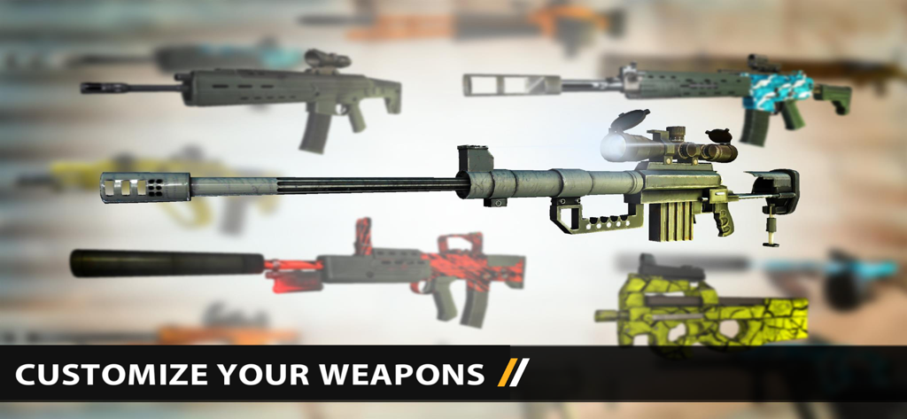 Bullet Force Spielbildschirm, der anpassbare Gewehre und Waffen mit verschiedenen Skins zeigt