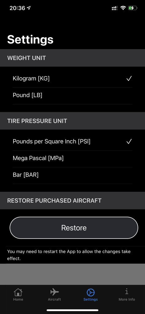 The settings interface of the ACN PCN Calculator app allowing users to choose measurement units for weight and tire pressure