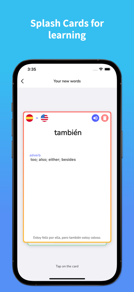 Spanish Translator - EsGot - Spanische Vokabelkarte in der EsGot-App, die das Wort "tambien" und seine englischen Bedeutungen zeigt