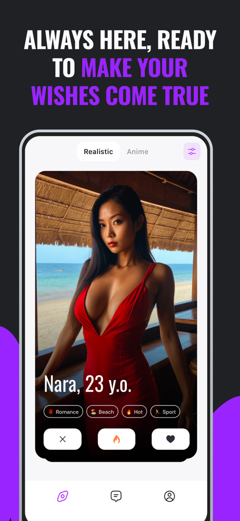 Interface do aplicativo de namoro IA Flamify mostrando um perfil de personagem realista de Nara em um vestido vermelho