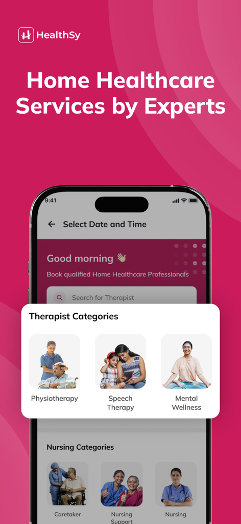 HealthSy-Online Healthcare App - HealthSy mobile app interface showing home healthcare services including physiotherapy and nursing categories