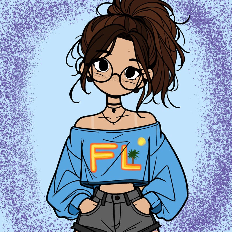 girl with a messy ponytail glasses a baggy crop top and jean shorts