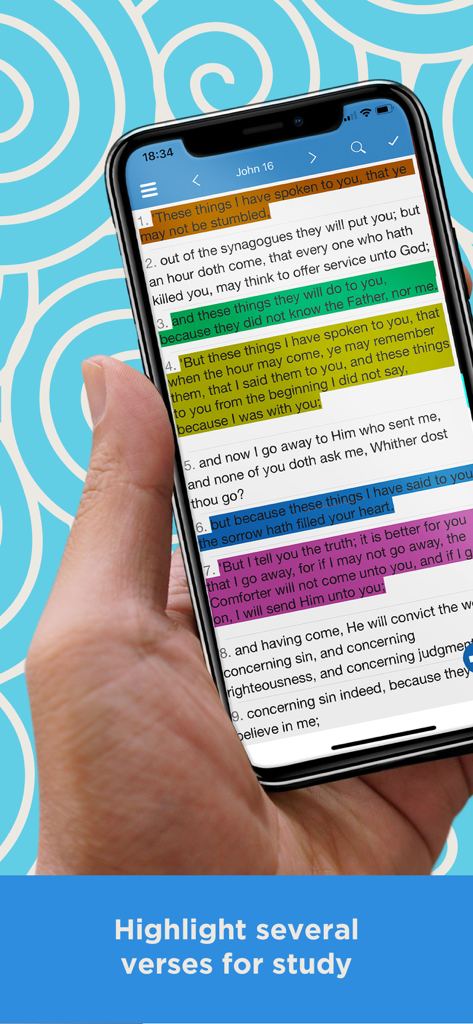 Young Literal Bible -YLT Bible - Una mano sosteniendo un iPhone que muestra la aplicación Young Literal Bible con varios versículos resaltados en diferentes colores para el estudio.